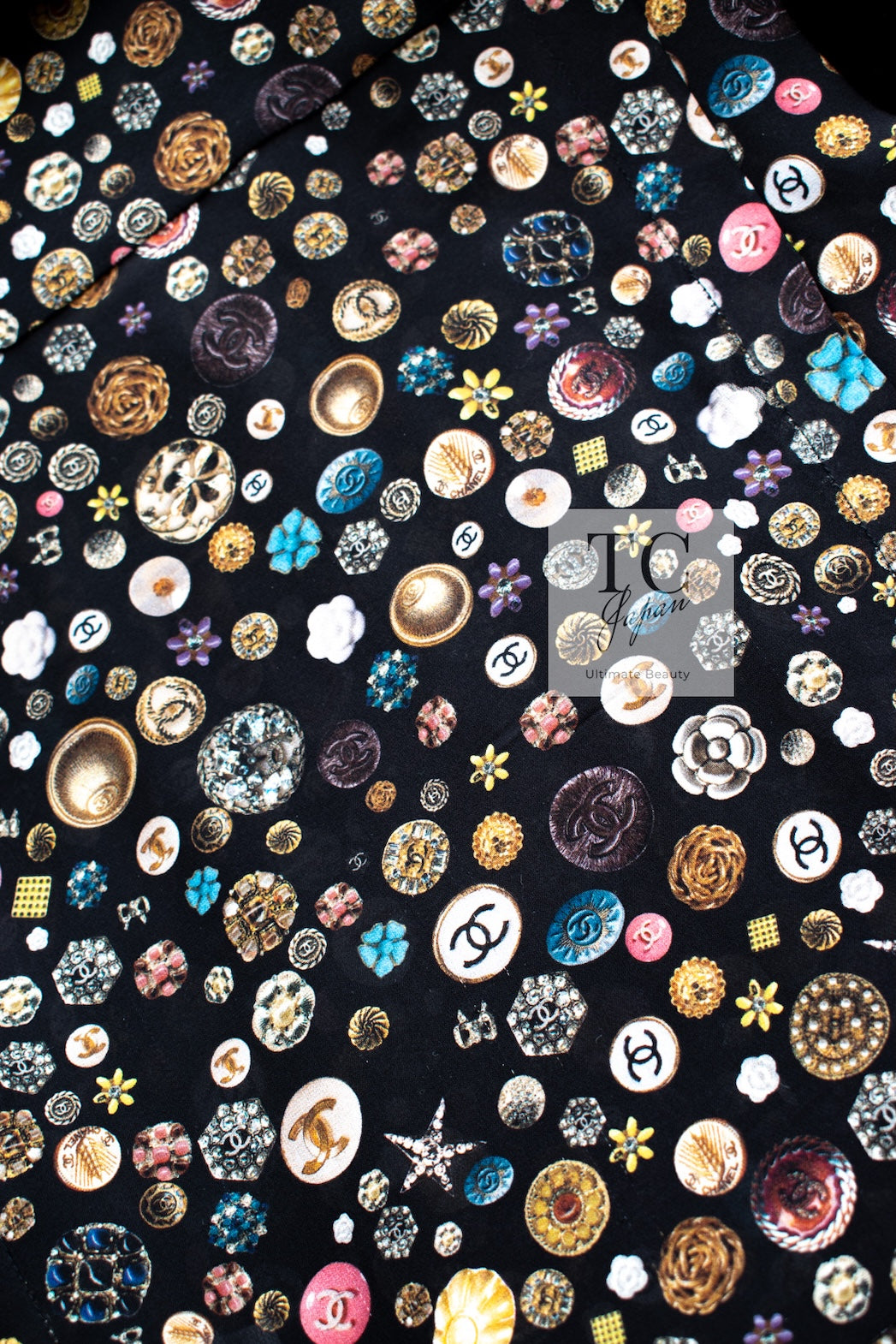 CHANEL 13B Black Silk CC Button Series Velvet Short Sleeve Dress 36 38 シャネル シルク CC ボタン シリーズ 柄 ベルベット 半袖 ワンピース 即発