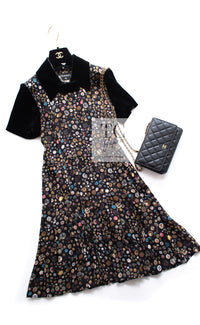 CHANEL 13B Black Silk CC Button Series Velvet Short Sleeve Dress 36 38 シャネル シルク CC ボタン シリーズ 柄 ベルベット 半袖 ワンピース 即発