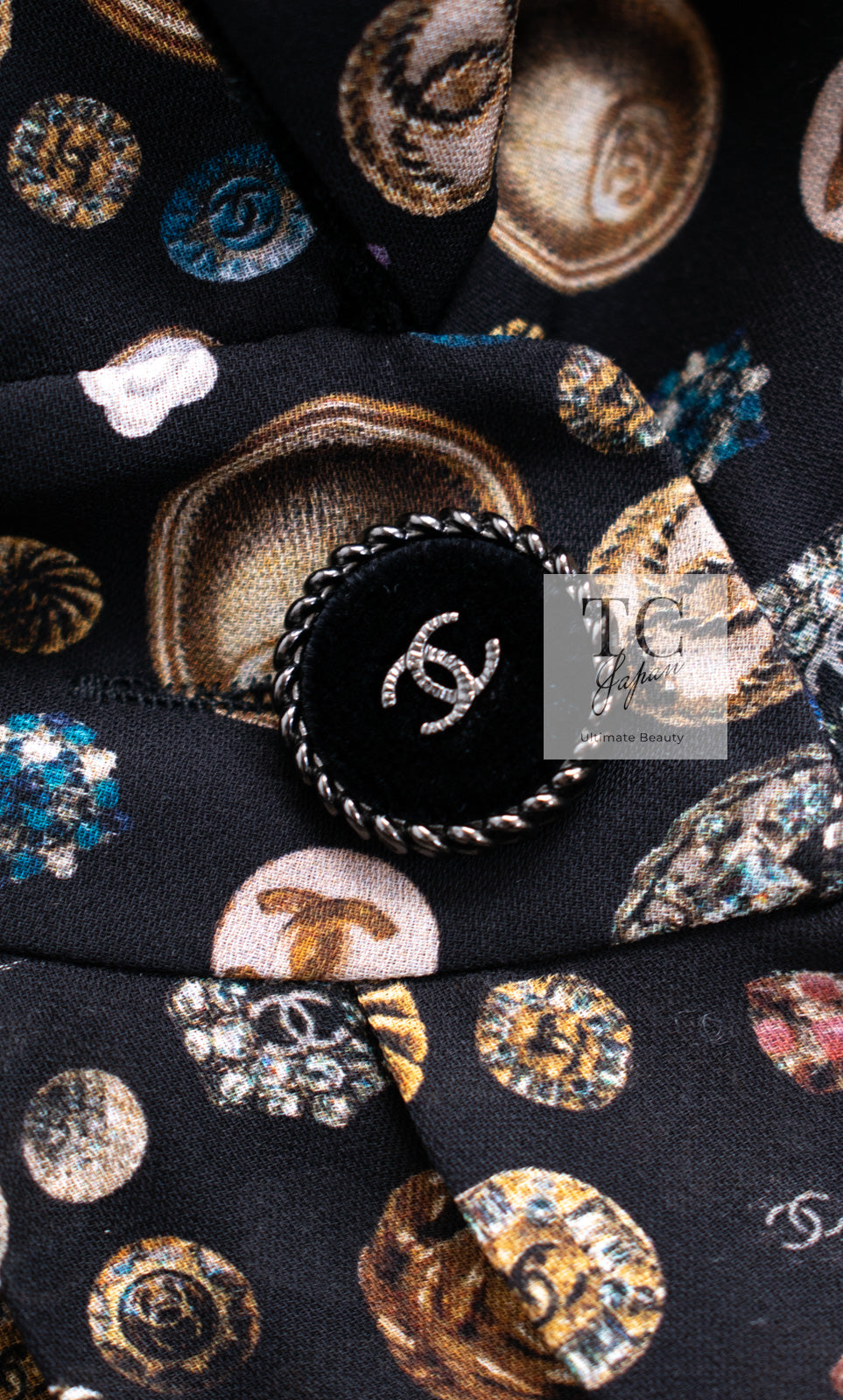 CHANEL 13B Black Silk CC Button Series Velvet Short Sleeve Dress 36 38 シャネル シルク CC ボタン シリーズ 柄 ベルベット 半袖 ワンピース 即発