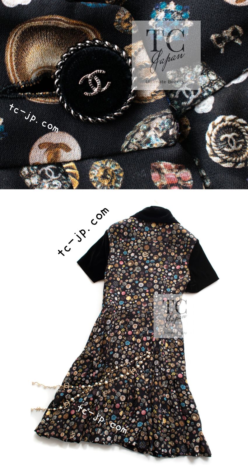 CHANEL 13B Black Silk CC Button Series Velvet Short Sleeve Dress 36 38 シャネル シルク CC ボタン シリーズ 柄 ベルベット 半袖 ワンピース 即発