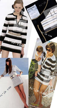 CHANEL 07S Beige Ivory Black Metallic Striped Silk Tunic Tops 40 シャネル ベージュ アイボリー ブラック メタリック ストライプ シルク チュニックトップス 即発