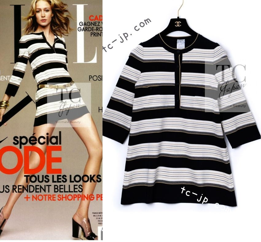 CHANEL 07S Beige Ivory Black Metallic Striped Silk Tunic Tops 40 シャネル ベージュ アイボリー ブラック メタリック ストライプ シルク チュニックトップス 即発