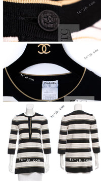 CHANEL 07S Beige Ivory Black Metallic Striped Silk Tunic Tops 40 シャネル ベージュ アイボリー ブラック メタリック ストライプ シルク チュニックトップス 即発