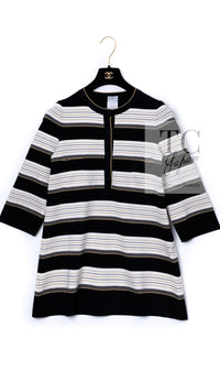 CHANEL 07S Beige Ivory Black Metallic Striped Silk Tunic Tops 40 シャネル ベージュ アイボリー ブラック メタリック ストライプ シルク チュニックトップス 即発