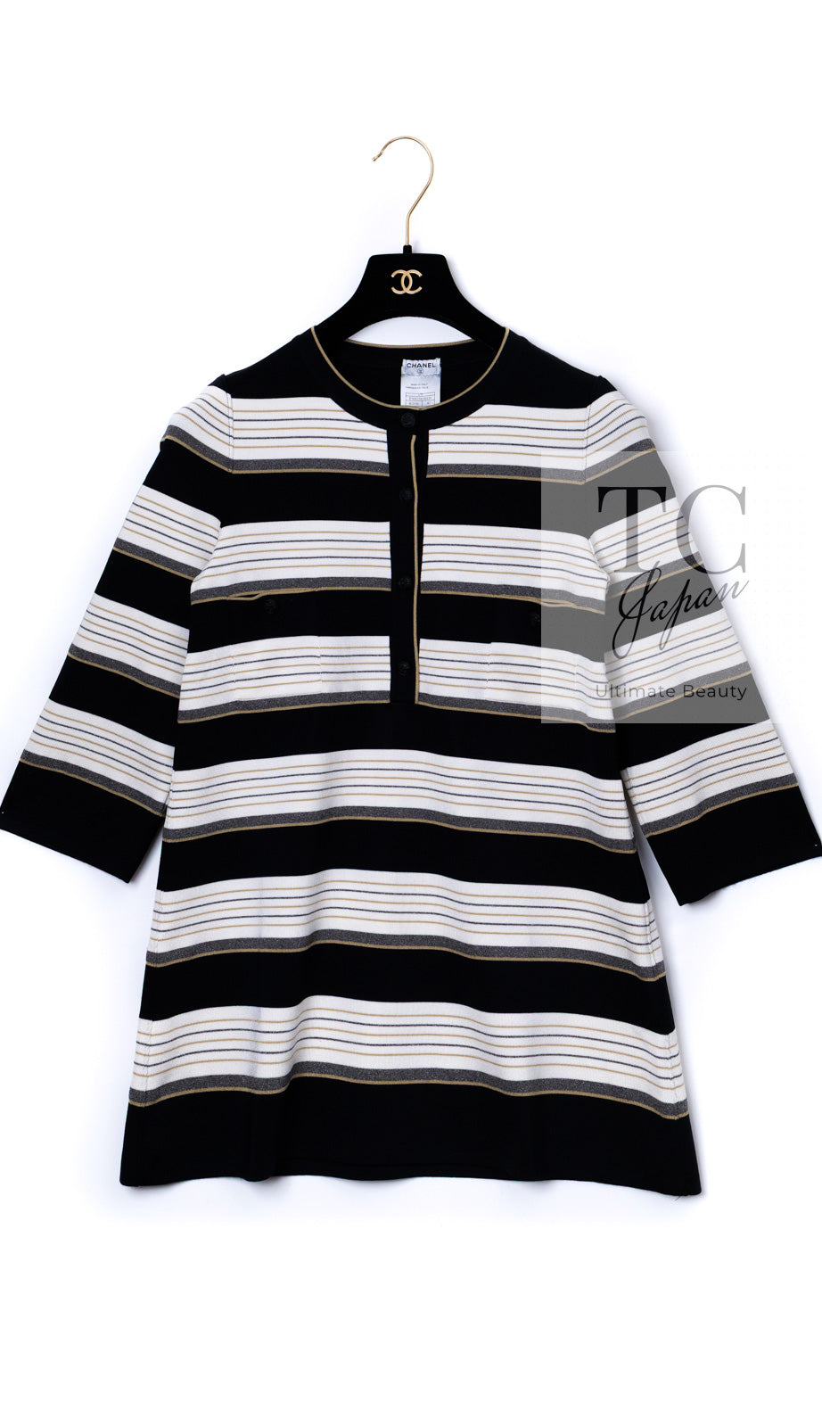 CHANEL 07S Beige Ivory Black Metallic Striped Silk Tunic Tops 40 シャネル ベージュ アイボリー ブラック メタリック ストライプ シルク チュニックトップス 即発