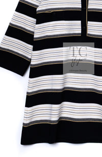 CHANEL 07S Beige Ivory Black Metallic Striped Silk Tunic Tops 40 シャネル ベージュ アイボリー ブラック メタリック ストライプ シルク チュニックトップス 即発