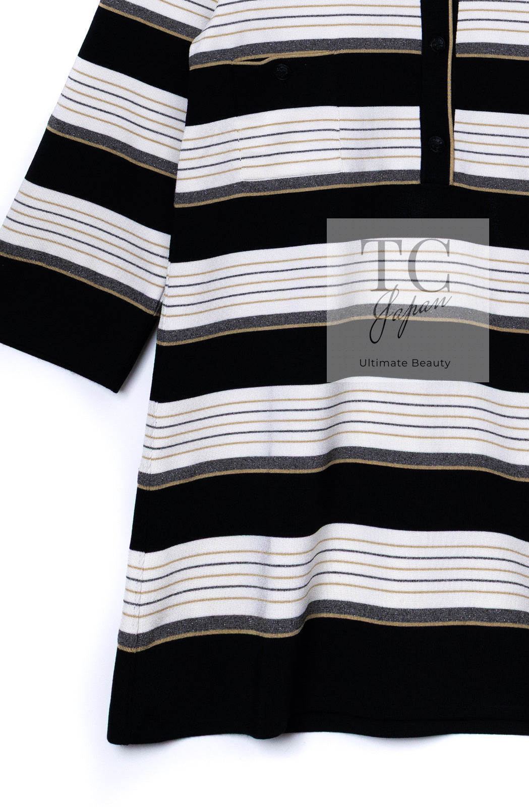 CHANEL 07S Beige Ivory Black Metallic Striped Silk Tunic Tops 40 シャネル ベージュ アイボリー ブラック メタリック ストライプ シルク チュニックトップス 即発