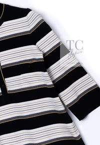 CHANEL 07S Beige Ivory Black Metallic Striped Silk Tunic Tops 40 シャネル ベージュ アイボリー ブラック メタリック ストライプ シルク チュニックトップス 即発