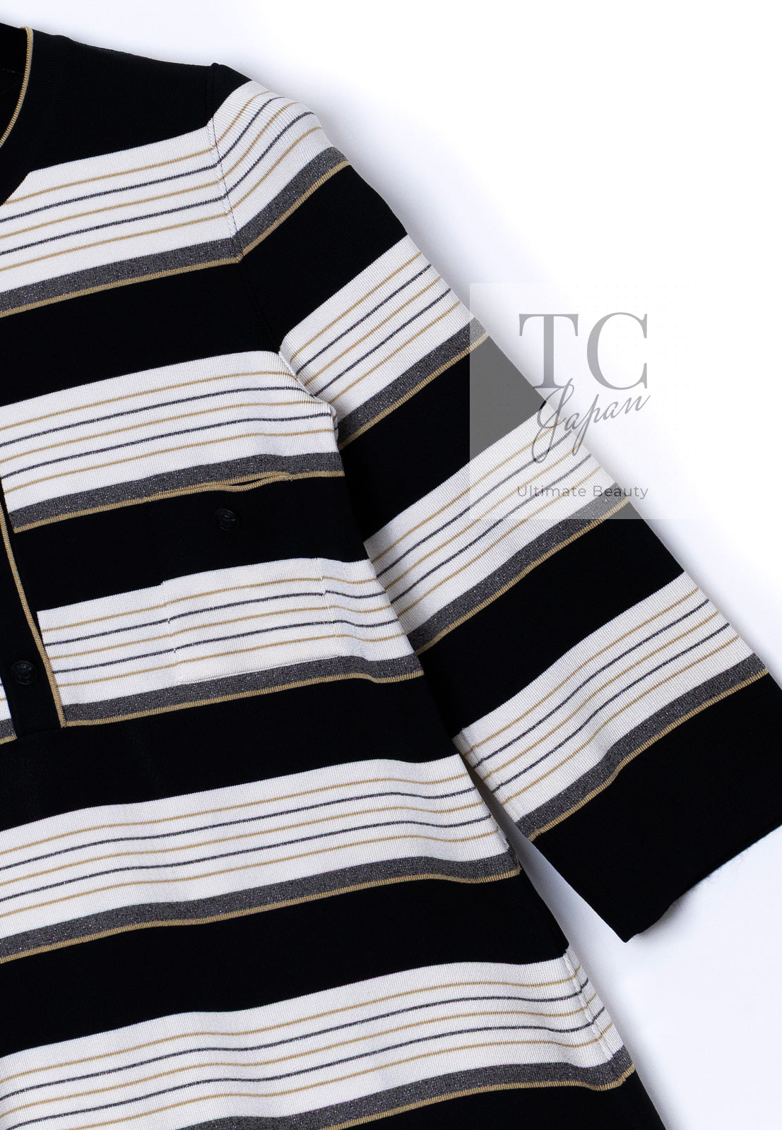 CHANEL 07S Beige Ivory Black Metallic Striped Silk Tunic Tops 40 シャネル ベージュ アイボリー ブラック メタリック ストライプ シルク チュニックトップス 即発