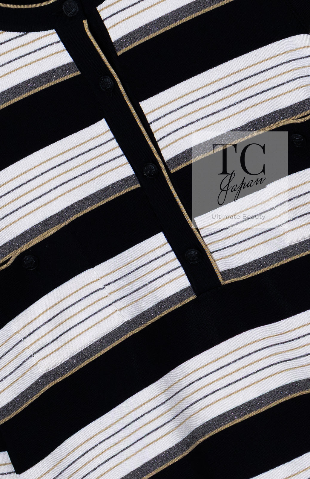 CHANEL 07S Beige Ivory Black Metallic Striped Silk Tunic Tops 40 シャネル ベージュ アイボリー ブラック メタリック ストライプ シルク チュニックトップス 即発