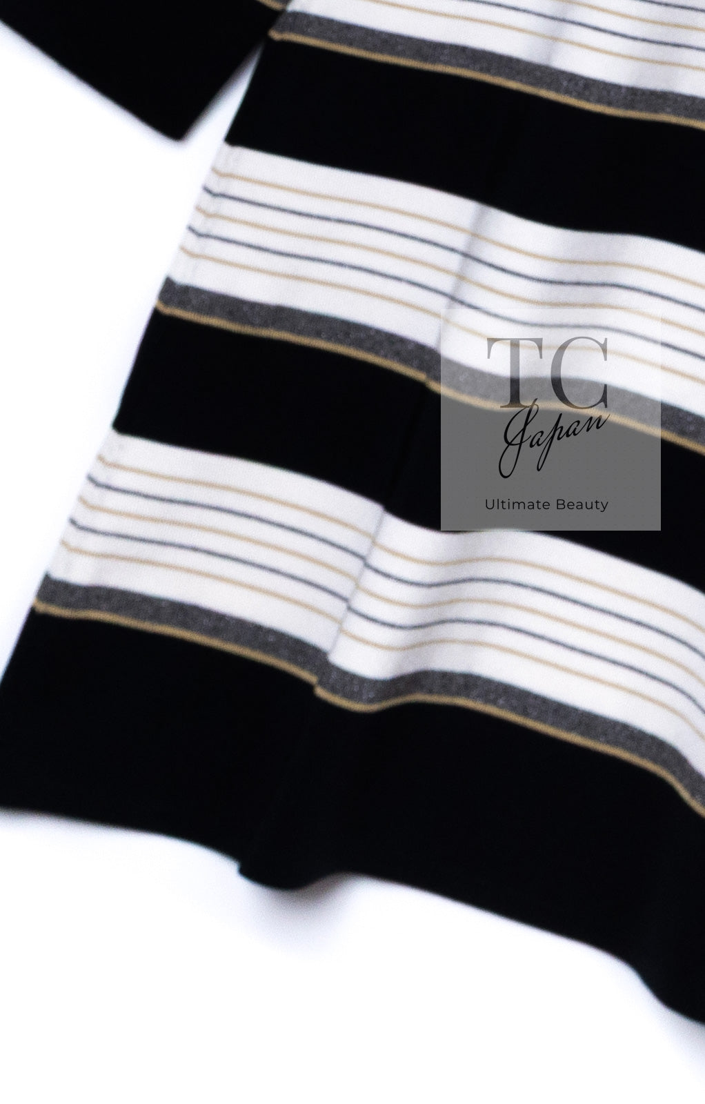 CHANEL 07S Beige Ivory Black Metallic Striped Silk Tunic Tops 40 シャネル ベージュ アイボリー ブラック メタリック ストライプ シルク チュニックトップス 即発