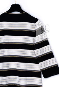 CHANEL 07S Beige Ivory Black Metallic Striped Silk Tunic Tops 40 シャネル ベージュ アイボリー ブラック メタリック ストライプ シルク チュニックトップス 即発