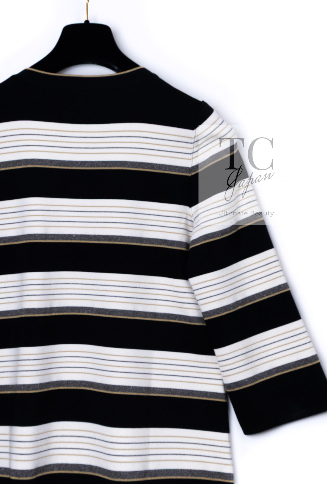 CHANEL 07S Beige Ivory Black Metallic Striped Silk Tunic Tops 40 シャネル ベージュ アイボリー ブラック メタリック ストライプ シルク チュニックトップス 即発