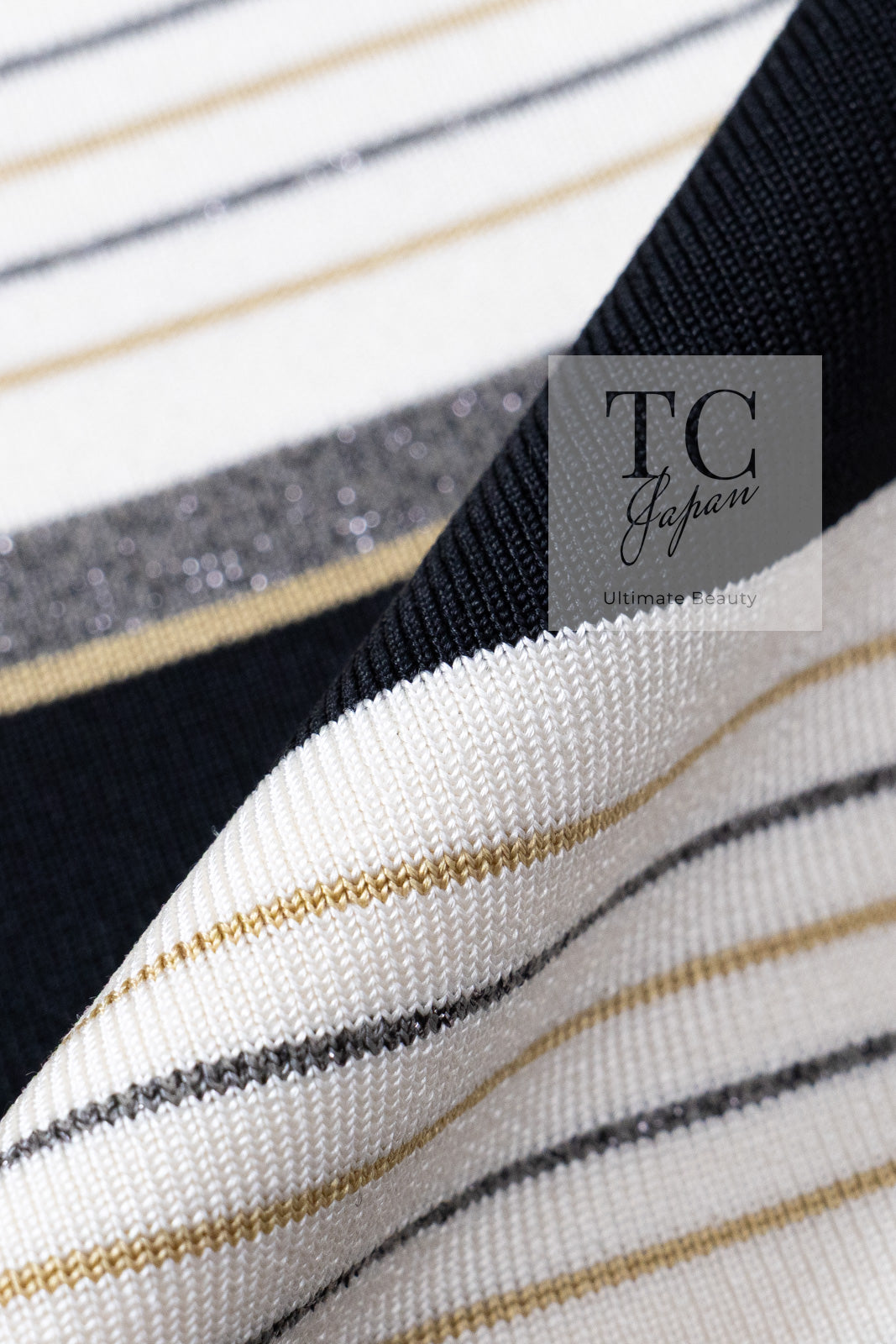CHANEL 07S Beige Ivory Black Metallic Striped Silk Tunic Tops 40 シャネル ベージュ アイボリー ブラック メタリック ストライプ シルク チュニックトップス 即発