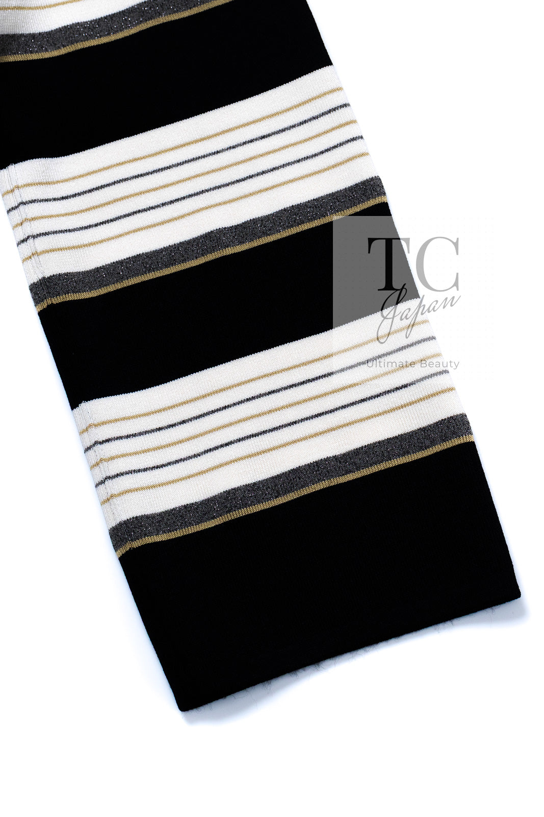CHANEL 07S Beige Ivory Black Metallic Striped Silk Tunic Tops 40 シャネル ベージュ アイボリー ブラック メタリック ストライプ シルク チュニックトップス 即発