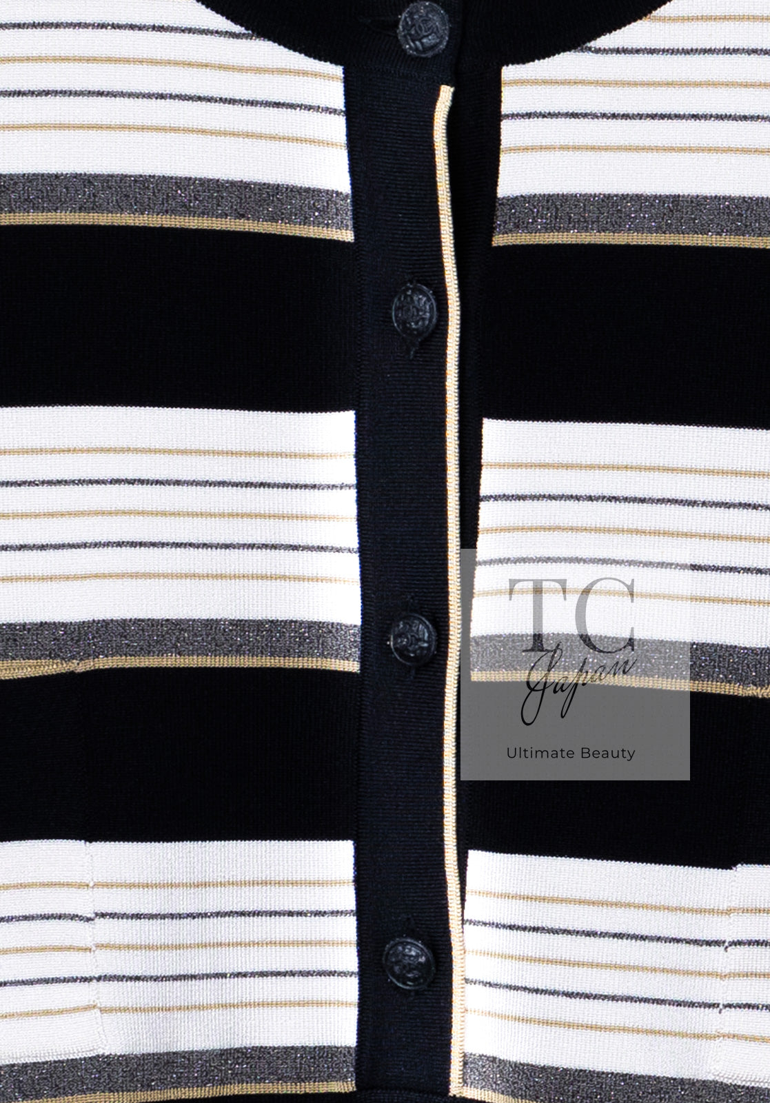 CHANEL 07S Beige Ivory Black Metallic Striped Silk Tunic Tops 40 シャネル ベージュ アイボリー ブラック メタリック ストライプ シルク チュニックトップス 即発