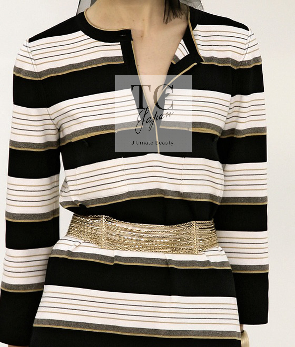 CHANEL 07S Beige Ivory Black Metallic Striped Silk Tunic Tops 40 シャネル ベージュ アイボリー ブラック メタリック ストライプ シルク チュニックトップス 即発
