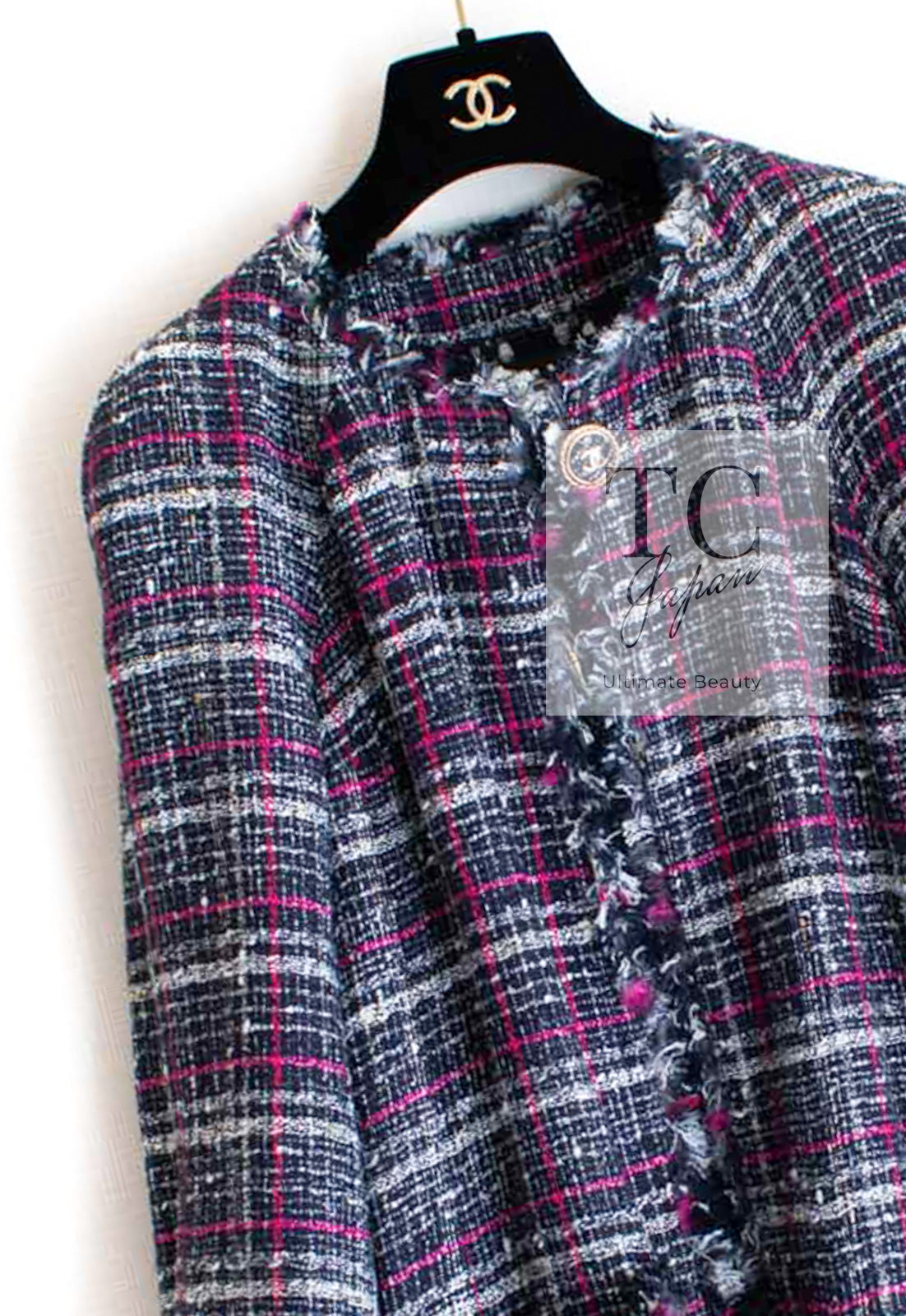 CHANEL 07S Navy White Pink Multicolor Cotton Tweed Coat 34 シャネル ネイビー ピンク ホワイト マルチカラー コットン ツイード ロング コート 即発