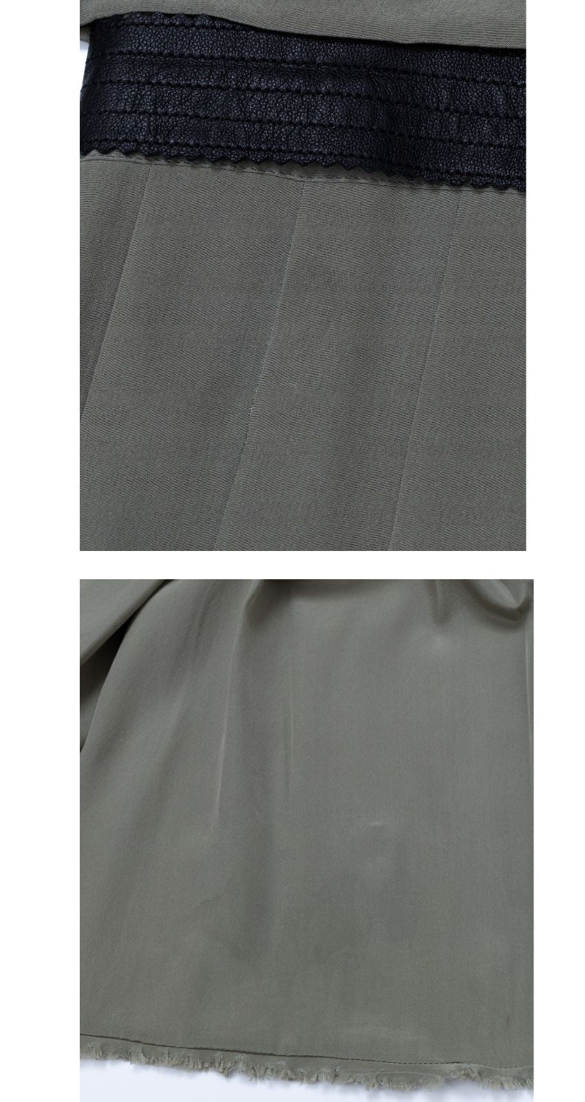 CHANEL 08A Olive Silk Leather Trim Pleated Dress 38 シャネル オリーブ シルク カーフ レザー トリム プリーツ ワンピース 即発