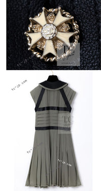CHANEL 08A Olive Silk Leather Trim Pleated Dress 38 シャネル オリーブ シルク カーフ レザー トリム プリーツ ワンピース 即発