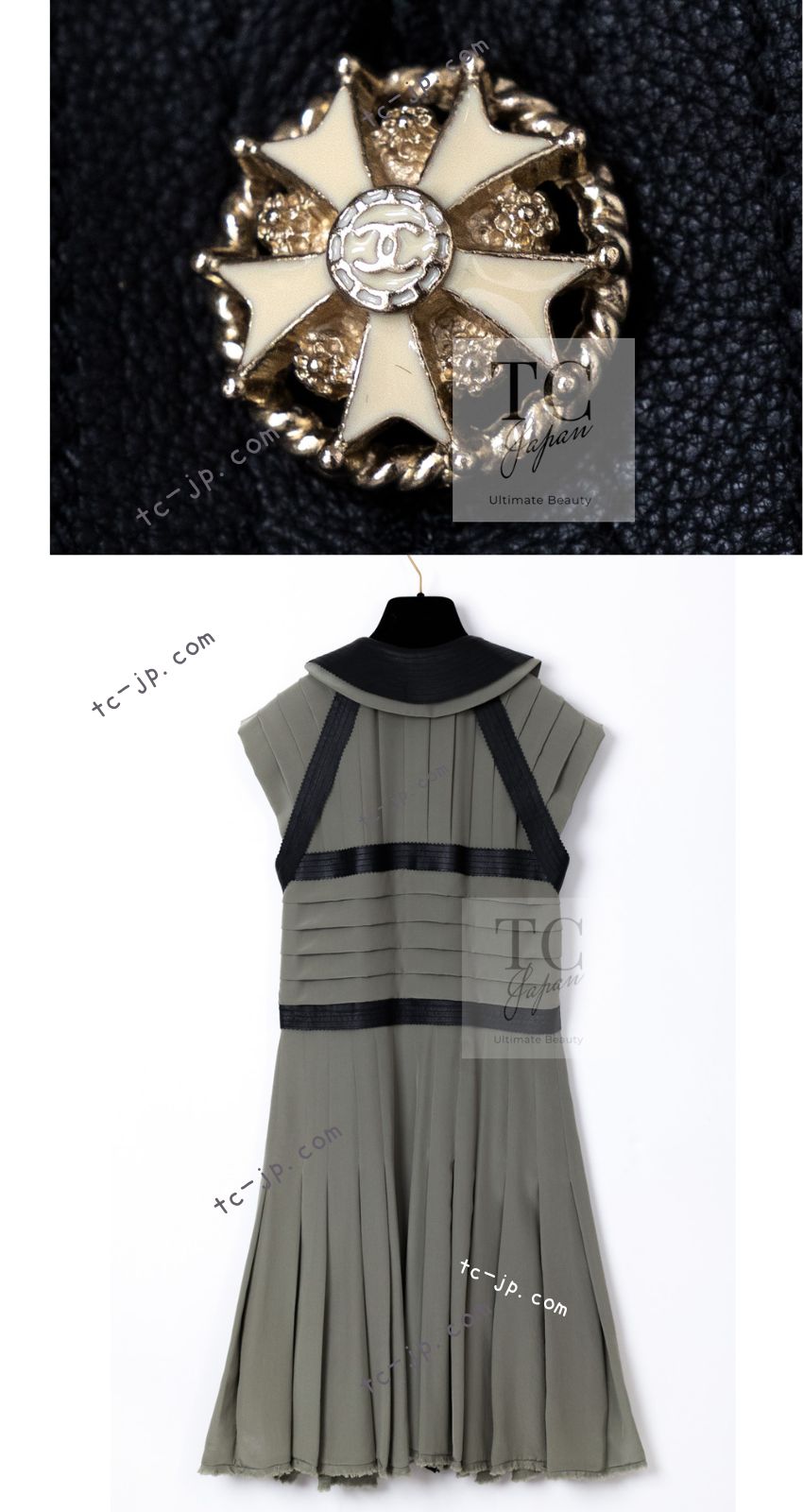 CHANEL 08A Olive Silk Leather Trim Pleated Dress 38 シャネル オリーブ シルク カーフ レザー トリム プリーツ ワンピース 即発