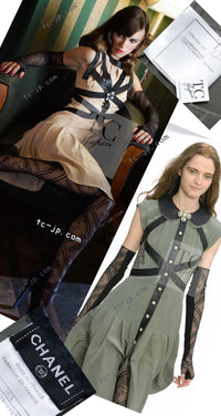 CHANEL 08A Olive Silk Leather Trim Pleated Dress 38 シャネル オリーブ シルク カーフ レザー トリム プリーツ ワンピース 即発