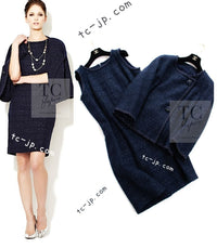CHANEL 07A Navy Wool Braided Trim Tweed Jacket Dress Setup 42 シャネル ネイビー ウール チェーン ブレイドトリミング ツイード ジャケット ワンピース セットアップ 即発