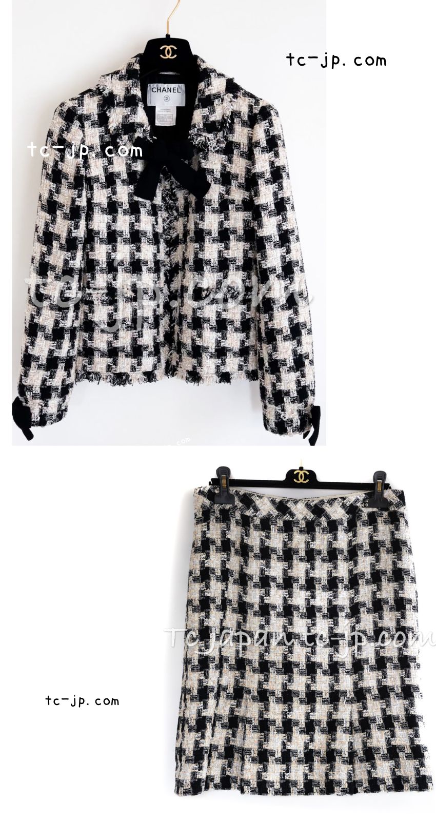 CHANEL 04PF Ivory Beige Bow Ribbon Jacket Skirt Suit 38 42 シャネル アイボリー ベージュ リボン ツイード ジャケット スカート スーツ 即発