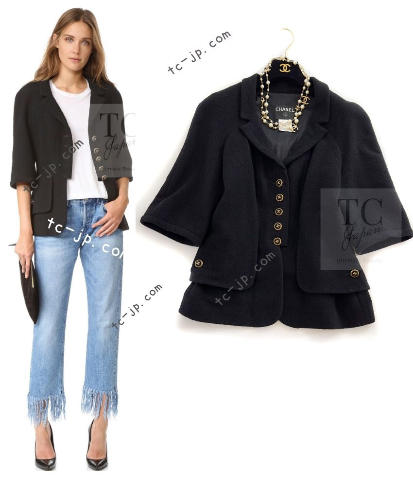 CHANEL 07S Black CC Logo Button Wool Silk Tweed Jacket 34 36 シャネル ブラック ココボタン CC ロゴ ウール シルク ツイード ジャケット 即発