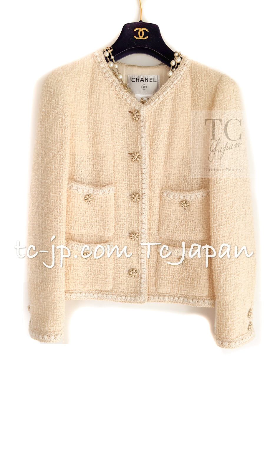 CHANEL 06PF Creme Ivory Wool Mohair Silk Gripoix Tweed Jacket 36 シャネル クリーム  アイボリー ウール モヘア シルク グリポワ宝石ボタン ツイード ジャケット 即発