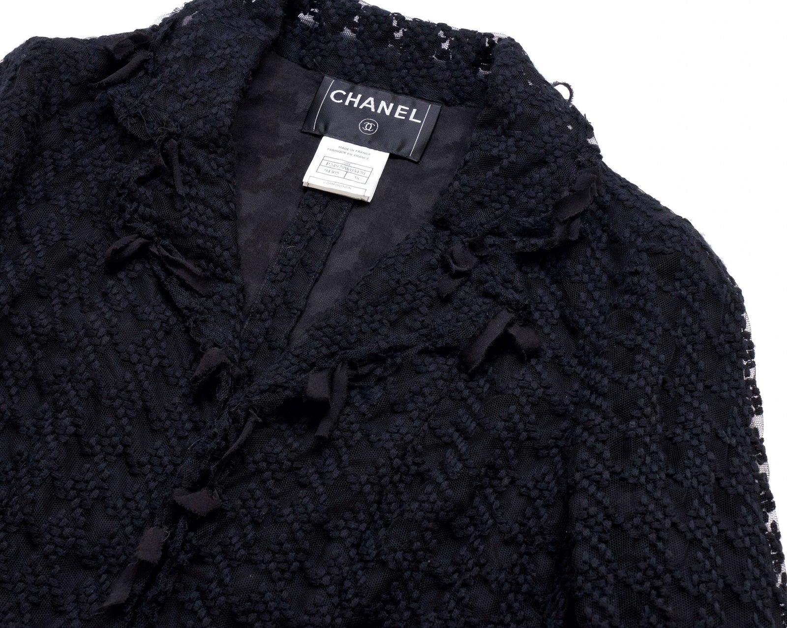 CHANEL 05C Black Chiffon Lace Camellia Buttons Jacket 38 44 シャネル ブラック・シフォン・レース・カメリアボタン・ジャケット 即発