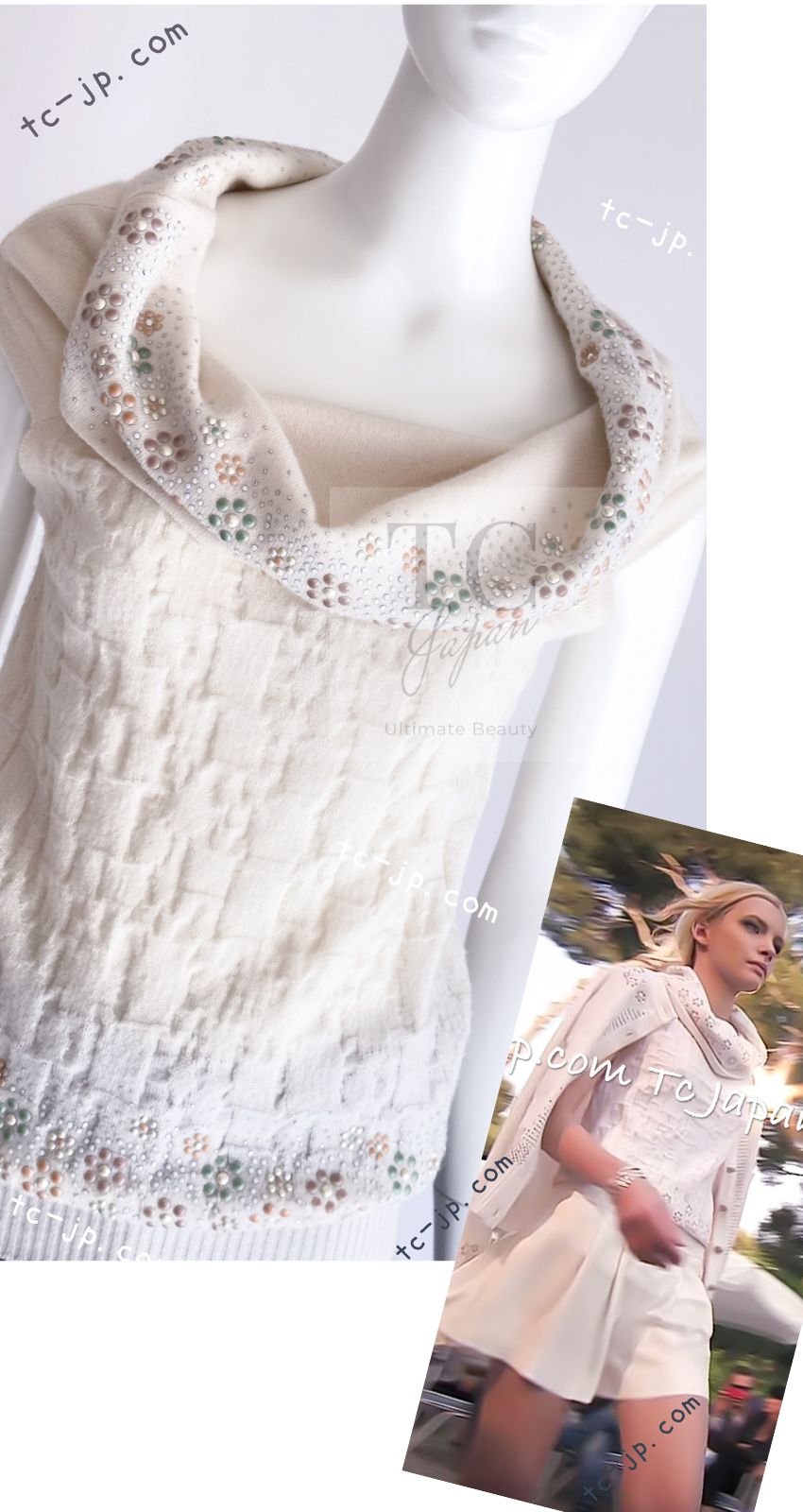 CHANEL 12C Ivory Cashmere 100% Swarovski Sleeveless Knit Sweater 36 38 シャネル スワロフスキー カシミア ノースリーブ ニット セーター 即発