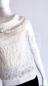 CHANEL 12C Ivory Cashmere 100% Swarovski Sleeveless Knit Sweater 36 38 シャネル スワロフスキー カシミア ノースリーブ ニット セーター 即発