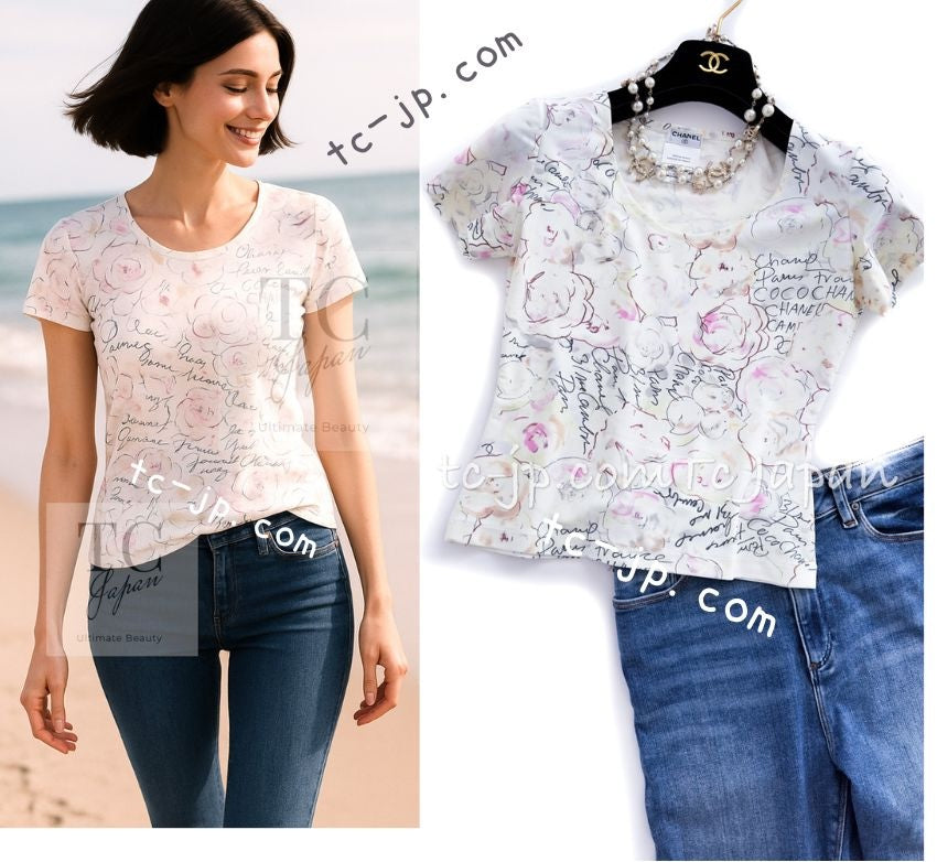 CHANEL 98C Yellow-ish Ivory Camellia T Shirt Tops 36 38 シャネル アイボリー カメリア柄 カール直筆 Tシャツ トップス 即発