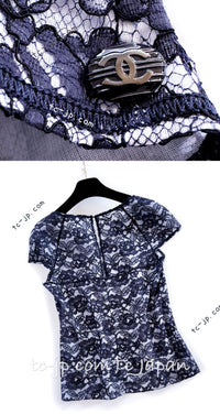 CHANEL 14C Navy White Camellia Lace Tops 36 シャネル ネイビー ホワイト カメリア レース トップス 即発