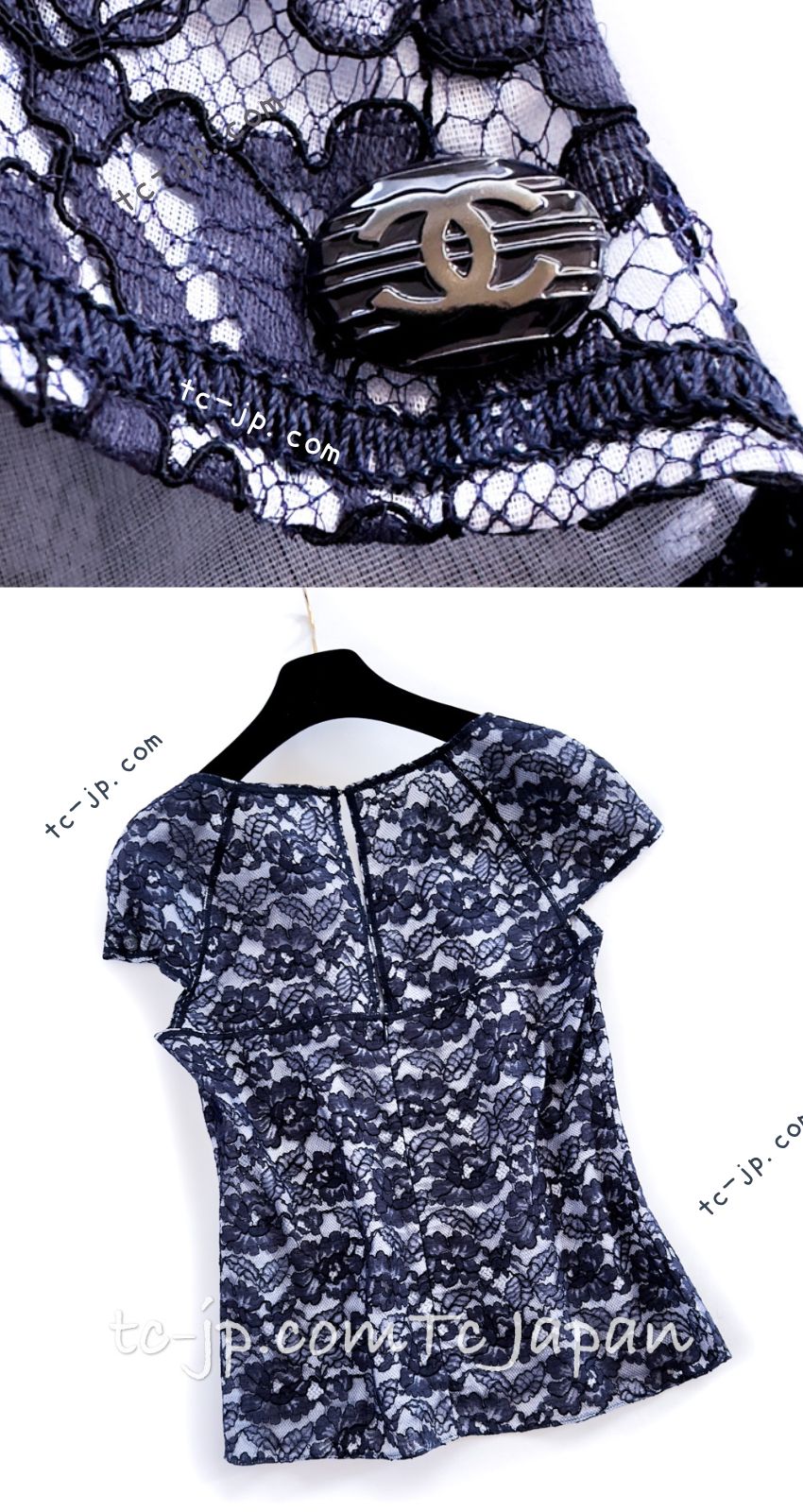 CHANEL 14C Navy White Camellia Lace Tops 36 シャネル ネイビー ホワイト カメリア レース トップス 即発
