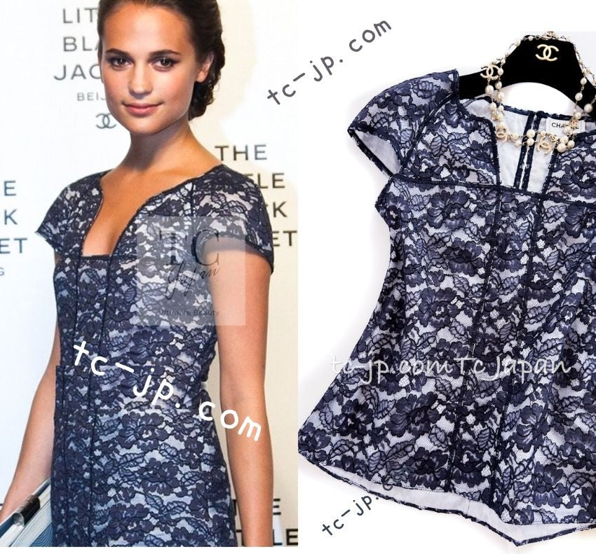 CHANEL 14C Navy White Camellia Lace Tops 36 シャネル ネイビー ホワイト カメリア レース トップス 即発