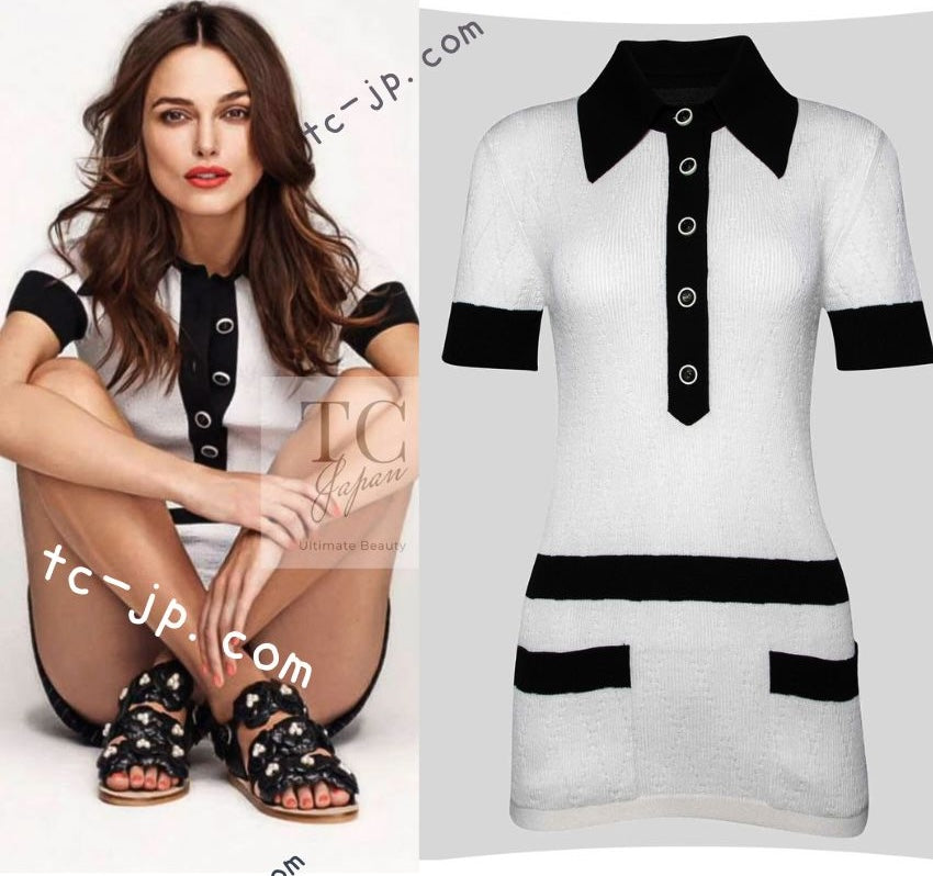 CHANEL 15S White Black Cotton Knit Tops 36 38 シャネル ホワイト ブラック コットン ニット 半袖 ポロシャツ トップス 即発