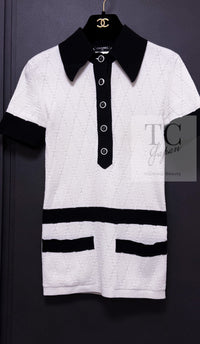 CHANEL 15S White Black Cotton Knit Tops 36 38 シャネル ホワイト ブラック コットン ニット 半袖 ポロシャツ トップス 即発