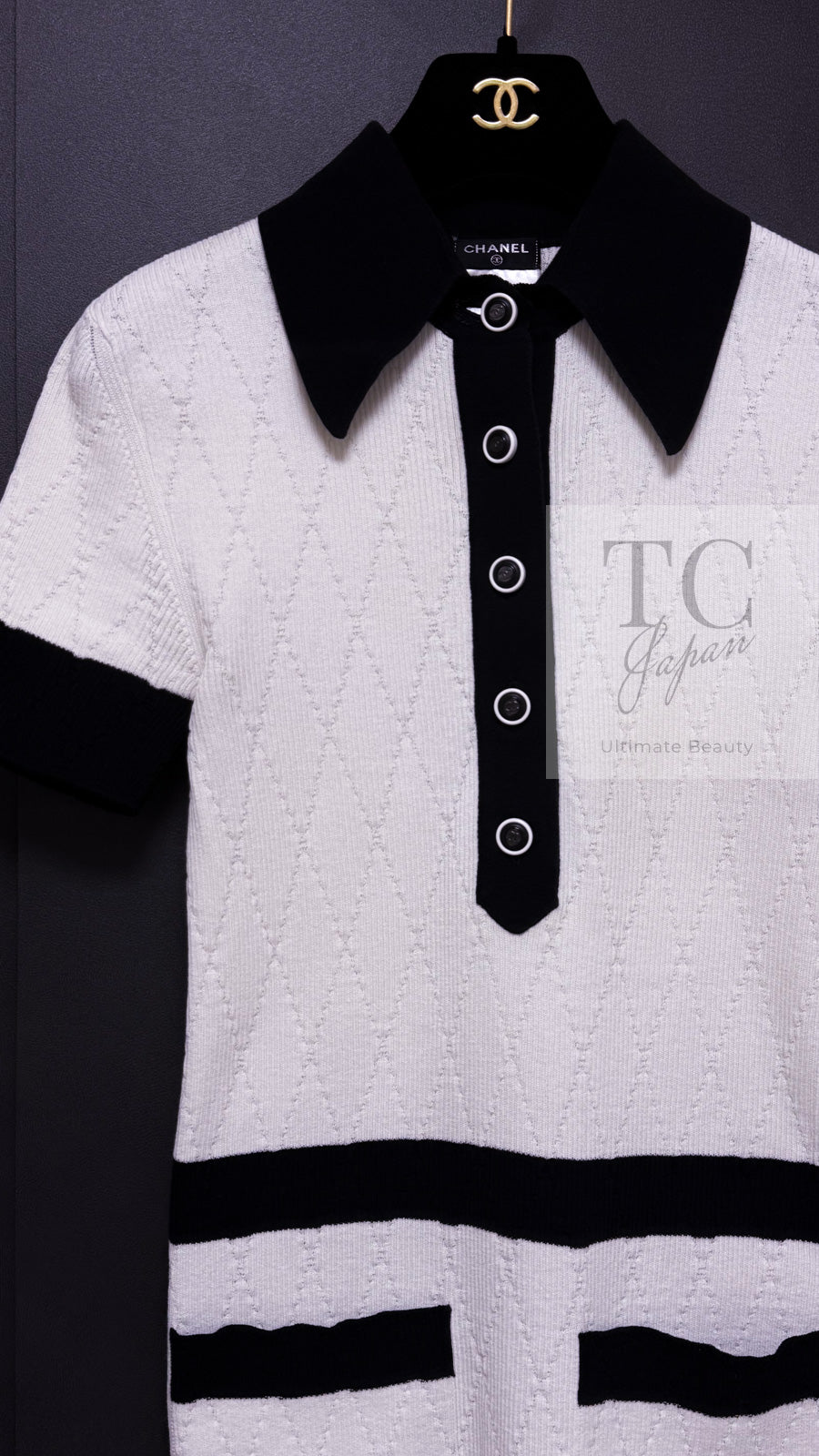 CHANEL 15S White Black Cotton Knit Tops 36 38 シャネル ホワイト ブラック コットン ニット 半袖 ポロシャツ トップス 即発
