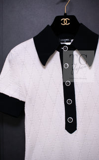 CHANEL 15S White Black Cotton Knit Tops 36 38 シャネル ホワイト ブラック コットン ニット 半袖 ポロシャツ トップス 即発