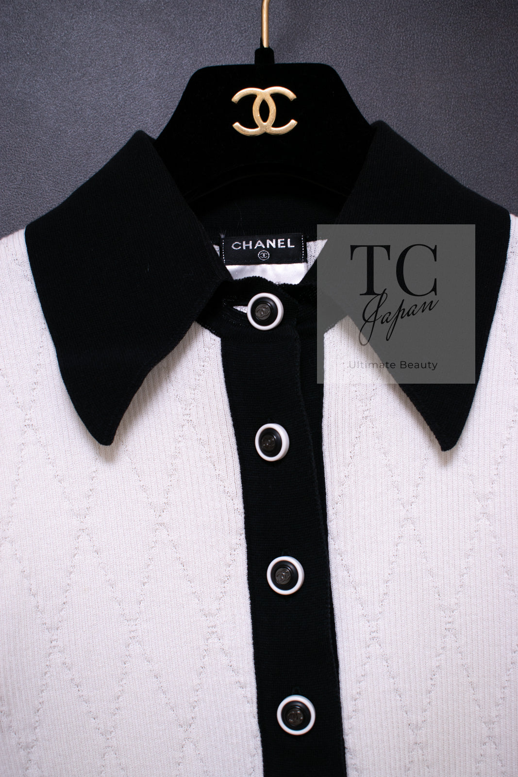 CHANEL 15S White Black Cotton Knit Tops 36 38 シャネル ホワイト ブラック コットン ニット 半袖 ポロシャツ トップス 即発