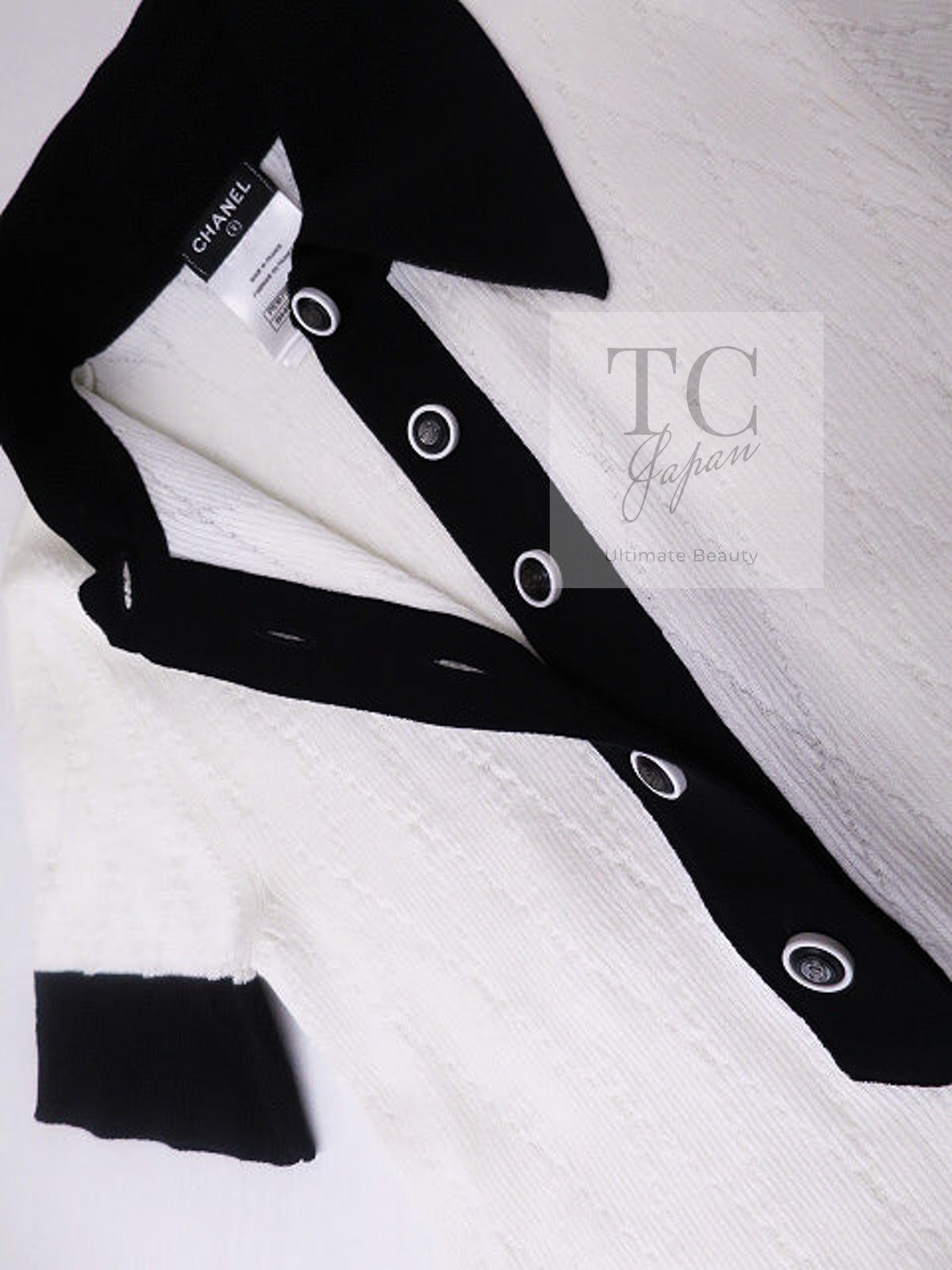CHANEL 15S White Black Cotton Knit Tops 36 38 シャネル ホワイト ブラック コットン ニット 半袖 ポロシャツ トップス 即発
