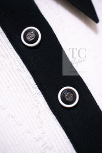 CHANEL 15S White Black Cotton Knit Tops 36 38 シャネル ホワイト ブラック コットン ニット 半袖 ポロシャツ トップス 即発