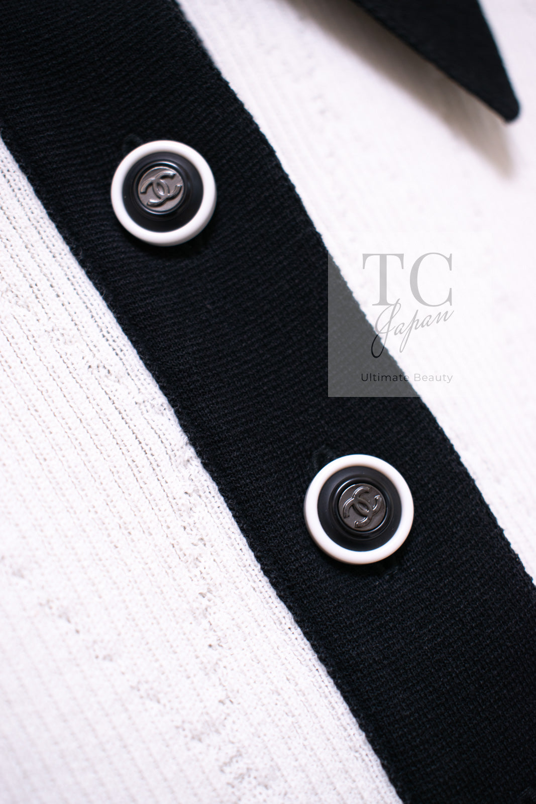 CHANEL 15S White Black Cotton Knit Tops 36 38 シャネル ホワイト ブラック コットン ニット 半袖 ポロシャツ トップス 即発