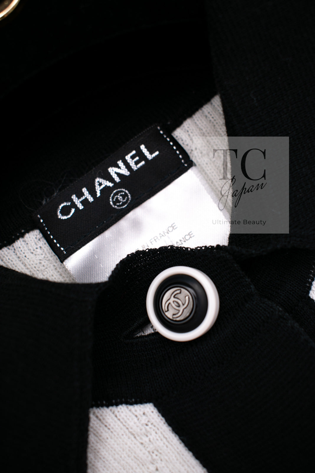 CHANEL 15S White Black Cotton Knit Tops 36 38 シャネル ホワイト ブラック コットン ニット 半袖 ポロシャツ トップス 即発