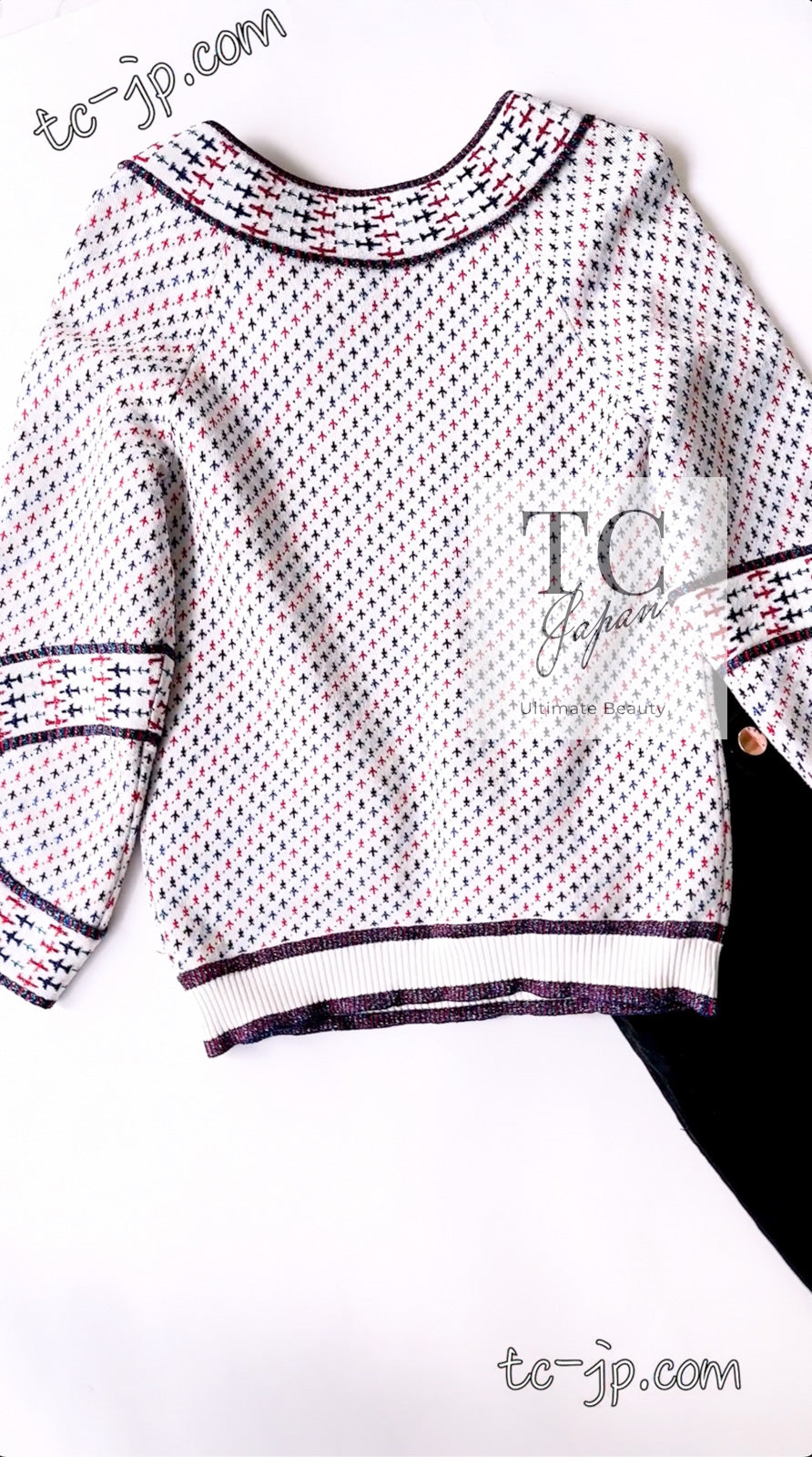 CHANEL 16S White Red Blue Airplane Tops Sweater 34 シャネル ホワイト レッド ブルー 飛行機 ニット トップス セーター 即発