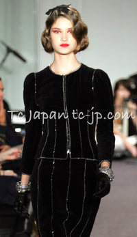 CHANEL 06PF Black Washed Velvet Silver Ribbon Trim Jacket 36 38 シャネル ブラック ベルベット リボン チェーン トリミング ジャケット 即発