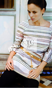 CHANEL 07S Multicolor Border CC Chain Charm Cotton Wool Dress 34 36 40 シャネル マルチカラー CC チェーン チャーム ボーダー コットン ウール ワンピース 即発