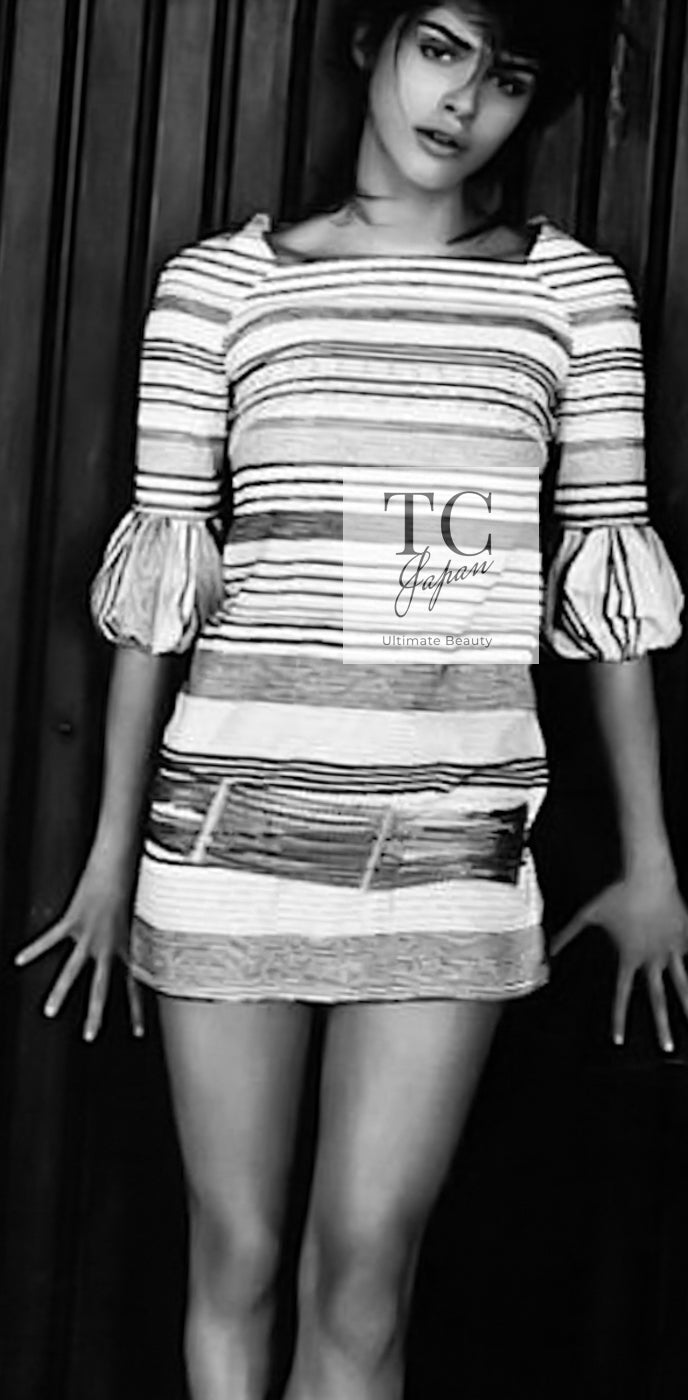 CHANEL 07S Multicolor Border CC Chain Charm Cotton Wool Dress 34 36 40 シャネル マルチカラー CC チェーン チャーム ボーダー コットン ウール ワンピース 即発